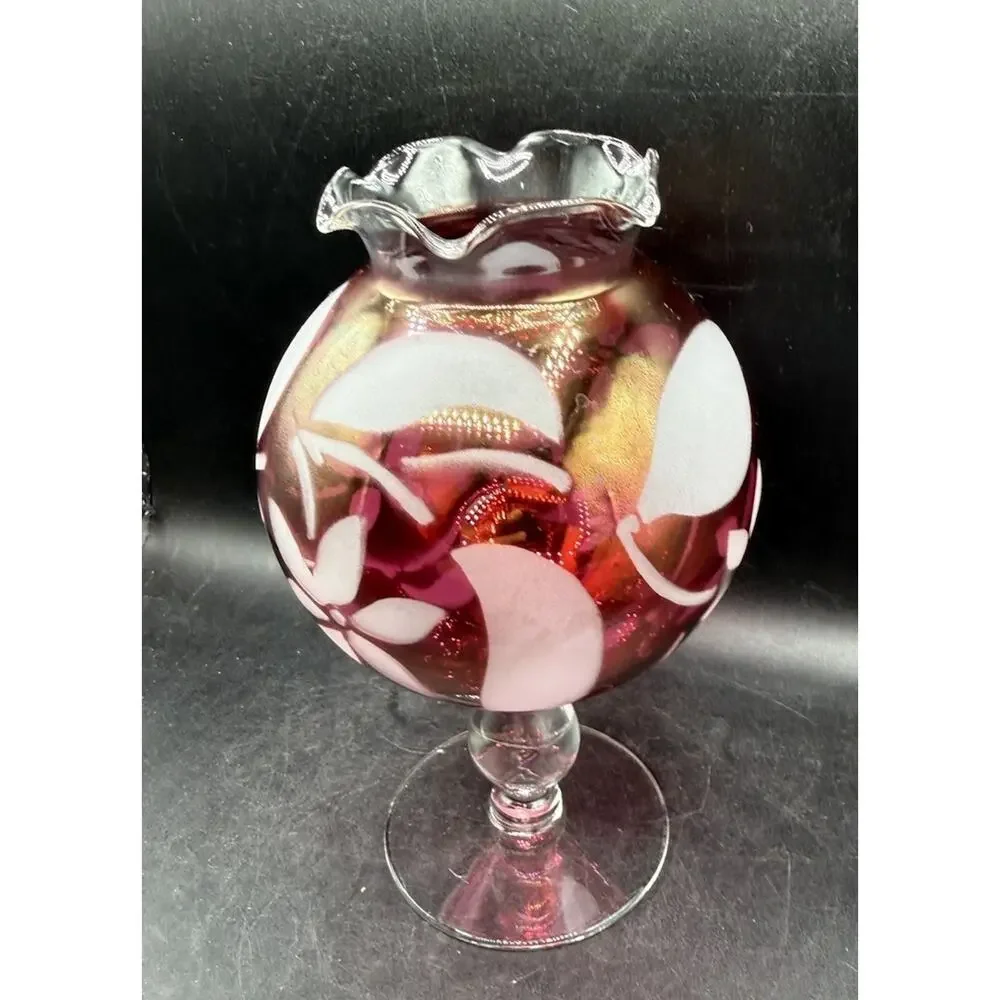 Cranberry Flower Rose Bowl Vase Glass Etched Pedestal Ruffled Rim Vintage